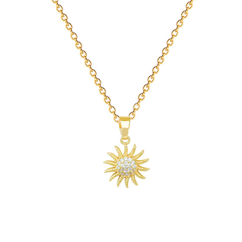 Sweet Minimalist Geometric Rhinestone Sunflower Pendant Titanium Steel Necklace for Women and Men