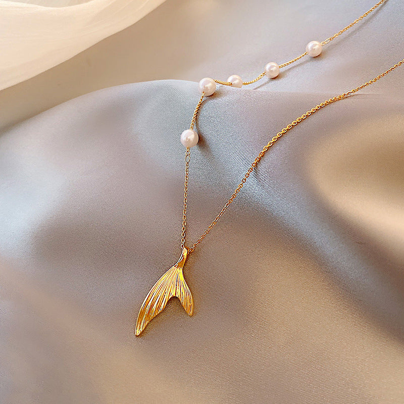 Minimalist Fish Tail Pearl Necklace in Alloy with Plated Finish, Long Layering Snake Chain for Women and Men