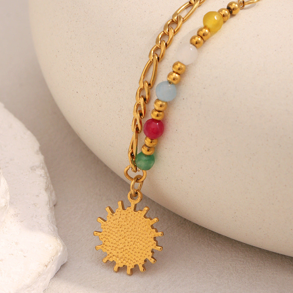 Retro French Style Sun-Shaped Geometric Pendant Necklace in Stainless Steel with 18K Gold Plating and Natural Stone Inlay