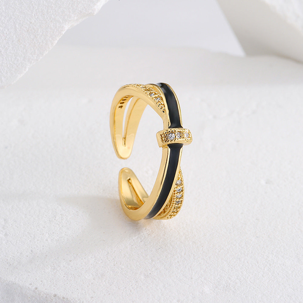 Minimalist Geometric Open Ring for Women in Copper with 18K Gold Plating and Enamel Finish, Set with Zircon