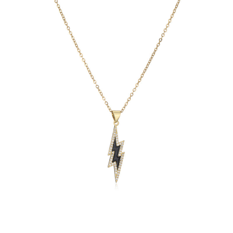 18K Gold Plated Brass Geometric Lightning Bolt Pendant Necklace with Cubic Zirconia and Drip Oil Detail on Cable Chain