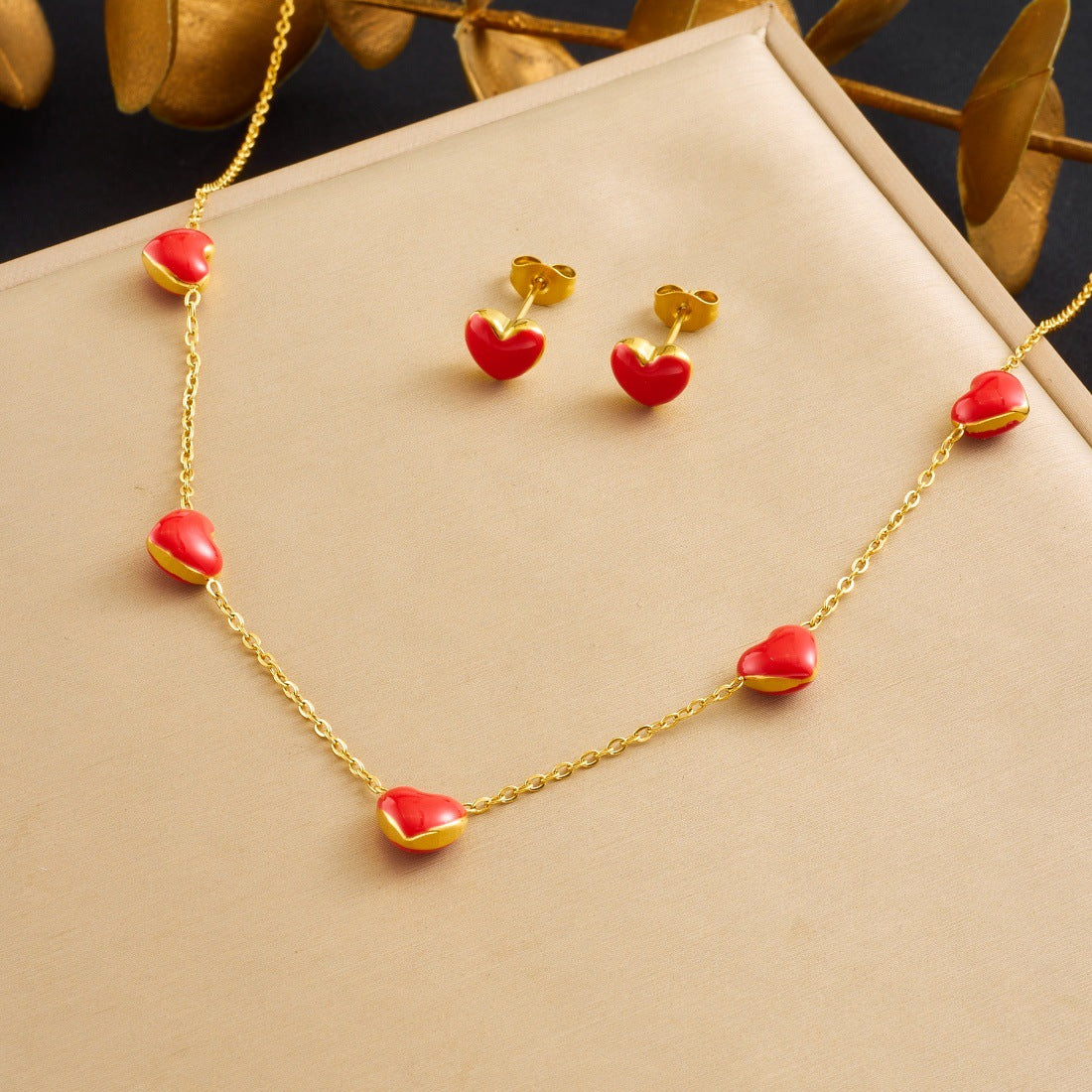 Minimalist Sweet Heart Teardrop Drip Oil Gold Plated Stainless Steel Jewelry Set for Women