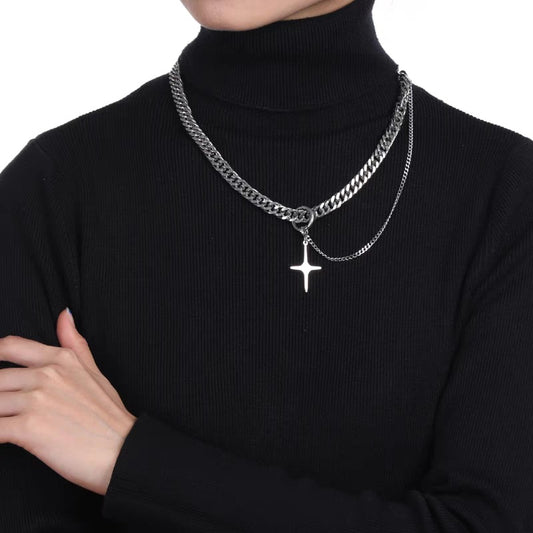 Minimalist Titanium Steel Cross Pendant Necklace with Polished Cuban Chain for Unisex Casual Wear