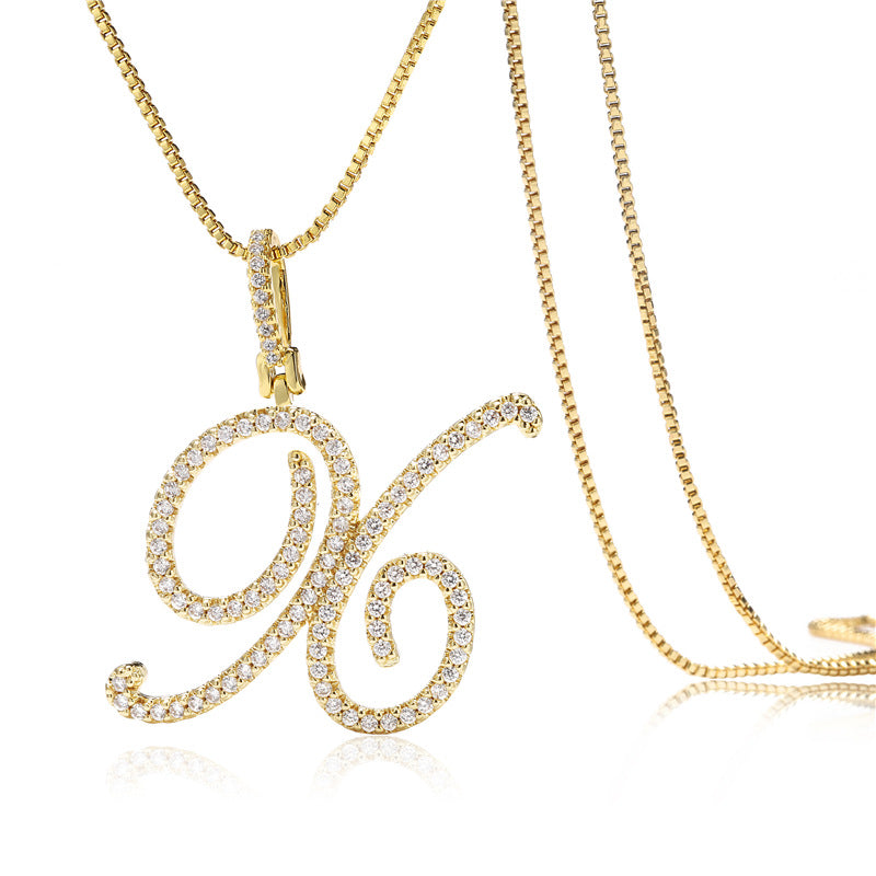 Minimalist Geometric Letter Pendant Necklace in Brass with Micro-Pavé Setting on Box Chain