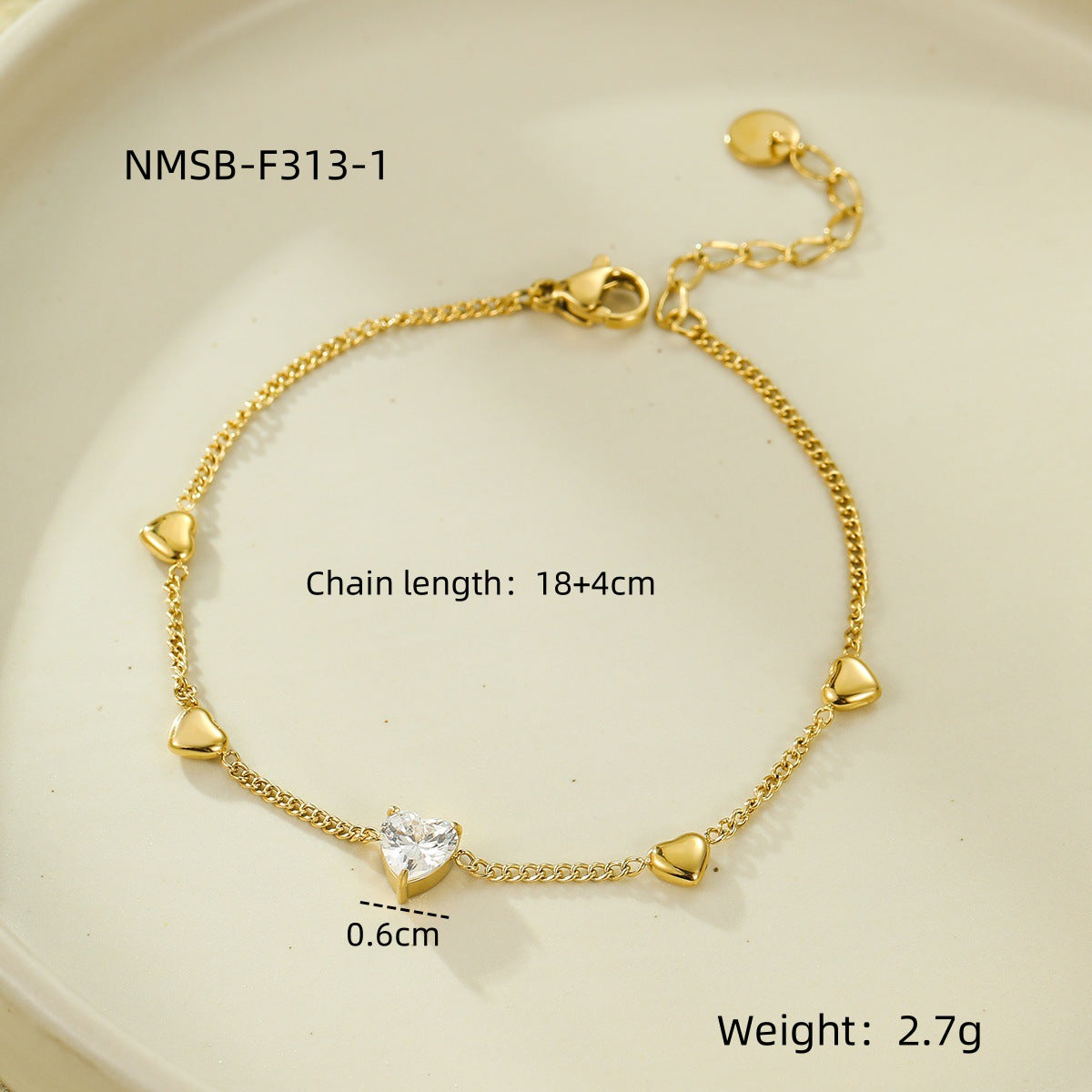 Bracciale minimalista da donna in acciaio al titanio a forma di cuore con placcatura in oro 18 carati e intarsio di zirconi