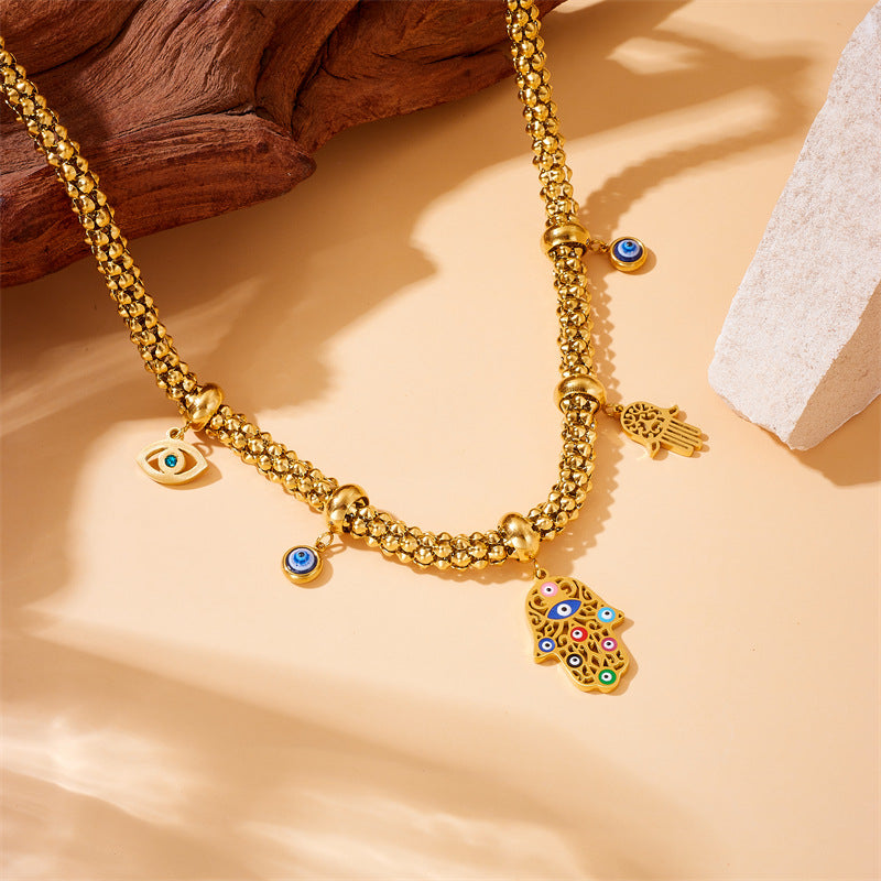 Collana Pendente Mano e Occhio in Acciaio Inossidabile Placcato Oro Doppio Strato Vintage