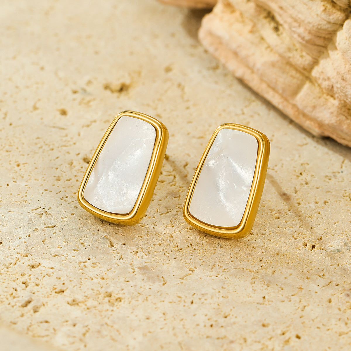 Fashionable Trapezoidal Stainless Steel Stud Earrings with Gold-Plated Edge and White Mother-of-Pearl Inlay for Women