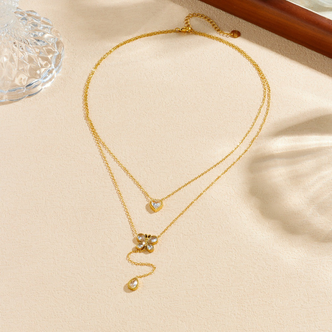 Minimalist Gold Plated Stainless Steel Heart Butterfly Rhinestone Pendant Necklace for Women