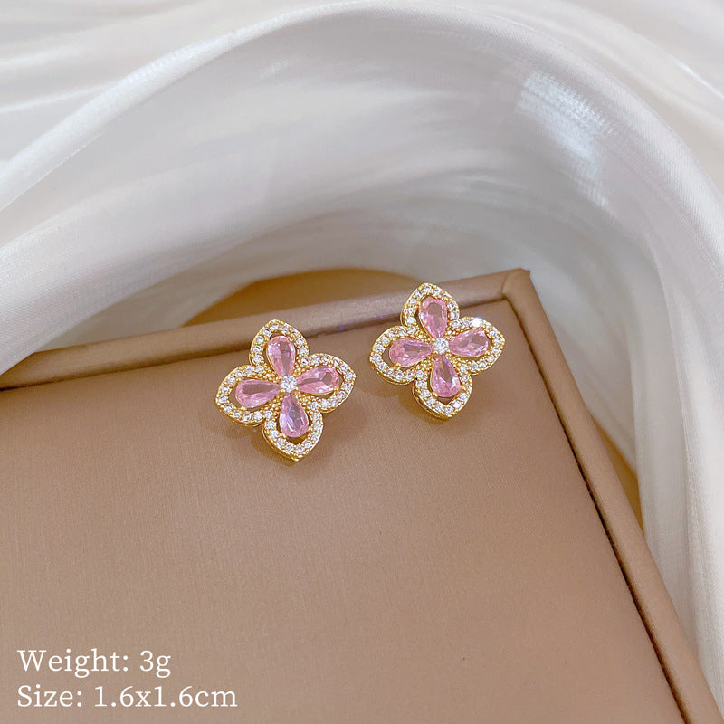 Luxury Titanium Steel Four-Leaf Clover Pendant Necklace and Earrings Set with Rhinestone Inlay for Women Formal Events