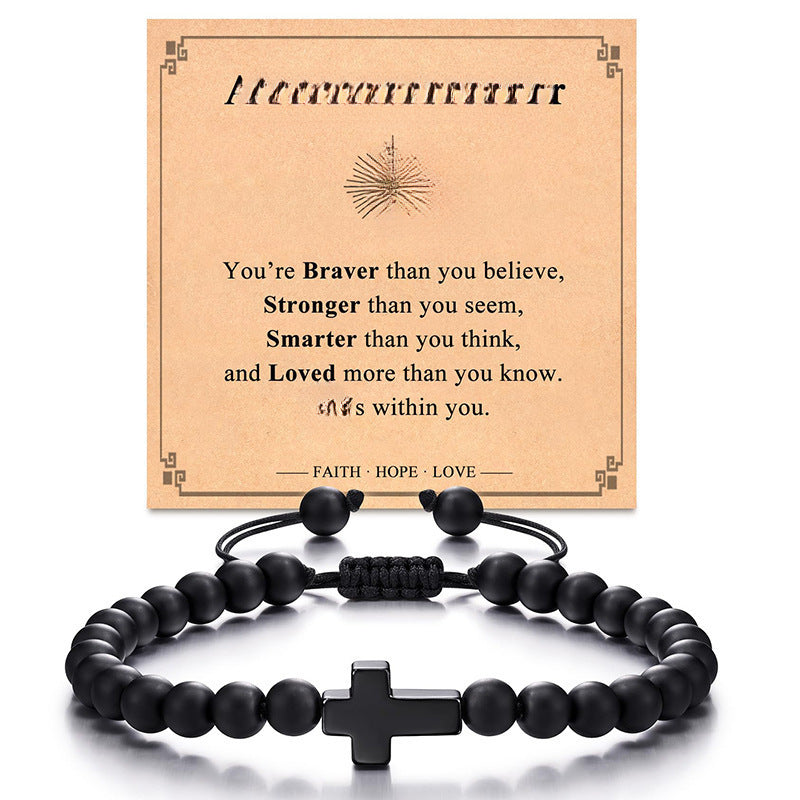 Matte Black Agate Cross Beaded Bracelet for Men