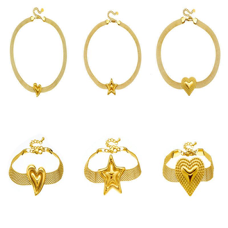 Minimalist Gold Plated Stainless Steel Heart Star Mesh Chain Necklace Set for Women