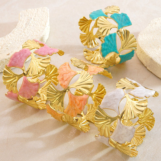 Pulsera de manguito de acero inoxidable con hoja de ginkgo, floral, de aceite, minimalista y dulce