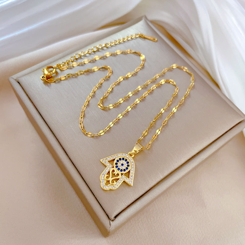 Collana Pendente Minimalista Mano con Occhio in Acciaio Inossidabile con Finitura Placcata da Donna