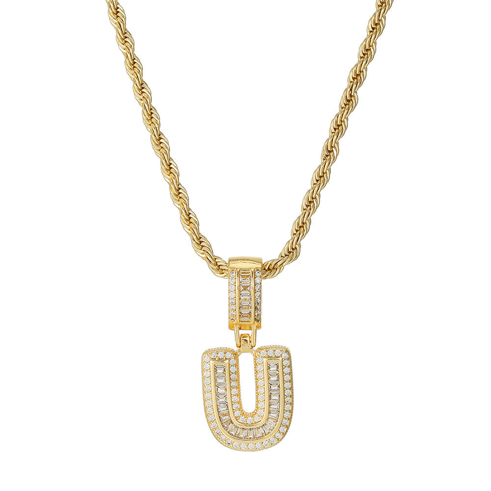 Personalized 18K Gold Plated Brass Cubic Zirconia Letter Pendant Necklace with Stainless Steel Rope Chain