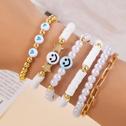 Bohemian Geometric Round Pearl Resin Bracelet Set Plated Smile Face Design for Women and Men