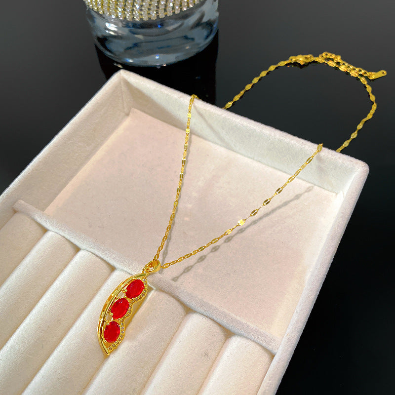 Sporty Sweet Micro-set Ruby Pea Plant Pendant Titanium Steel Necklace for Women