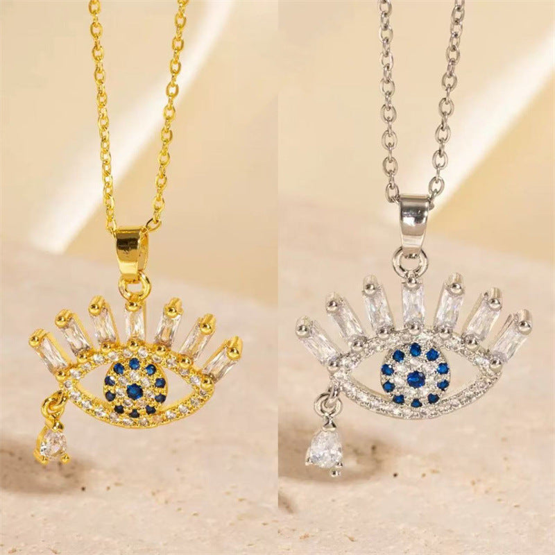 Collana con pendente minimalist con Occhio di Allah in acciaio al titanio con rame placcato oro 18K e zirconi colorati
