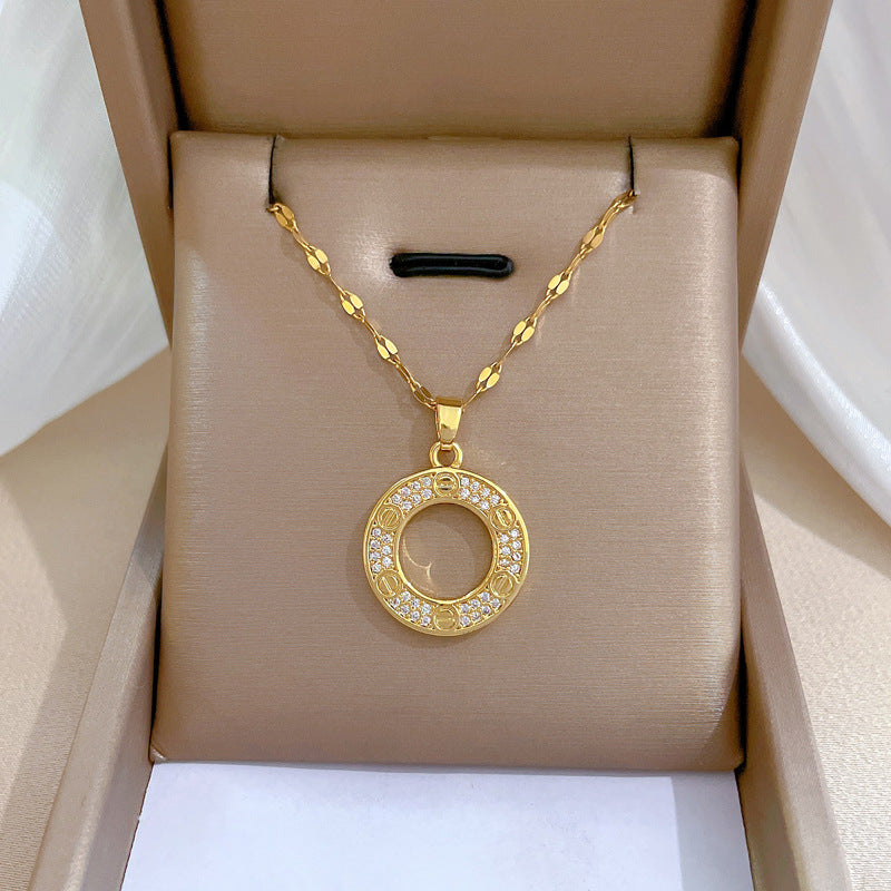 Collana girocollo da donna in acciaio al titanio di lusso, con ciondolo geometrico a cerchio e intarsio di strass, delicata