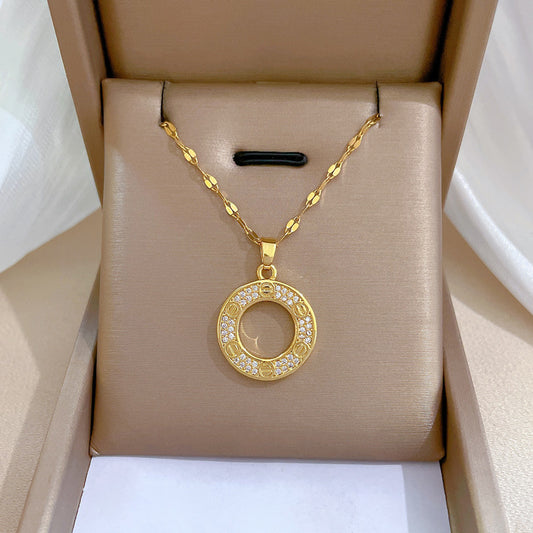 Collar de lujo de acero titanio con colgante de círculo geométrico para mujer, delicada cadena para clavícula con incrustaciones de diamantes de imitación
