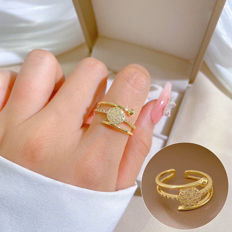 Minimalist Sweet Geometric Round Brass Plated Rhinestone Ring for Women and Men