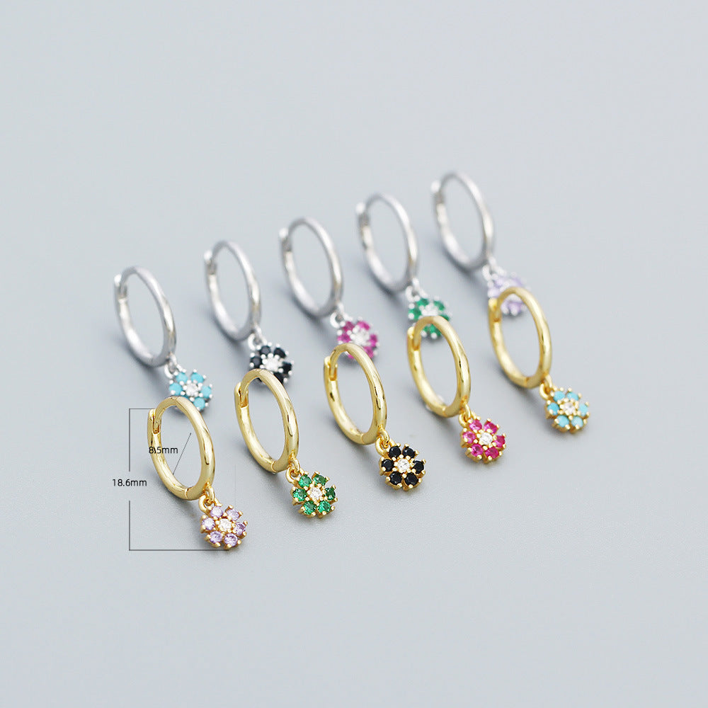 Minimalist Floral Geometric Earrings in 925 Sterling Silver with Blue Zircon Inlay