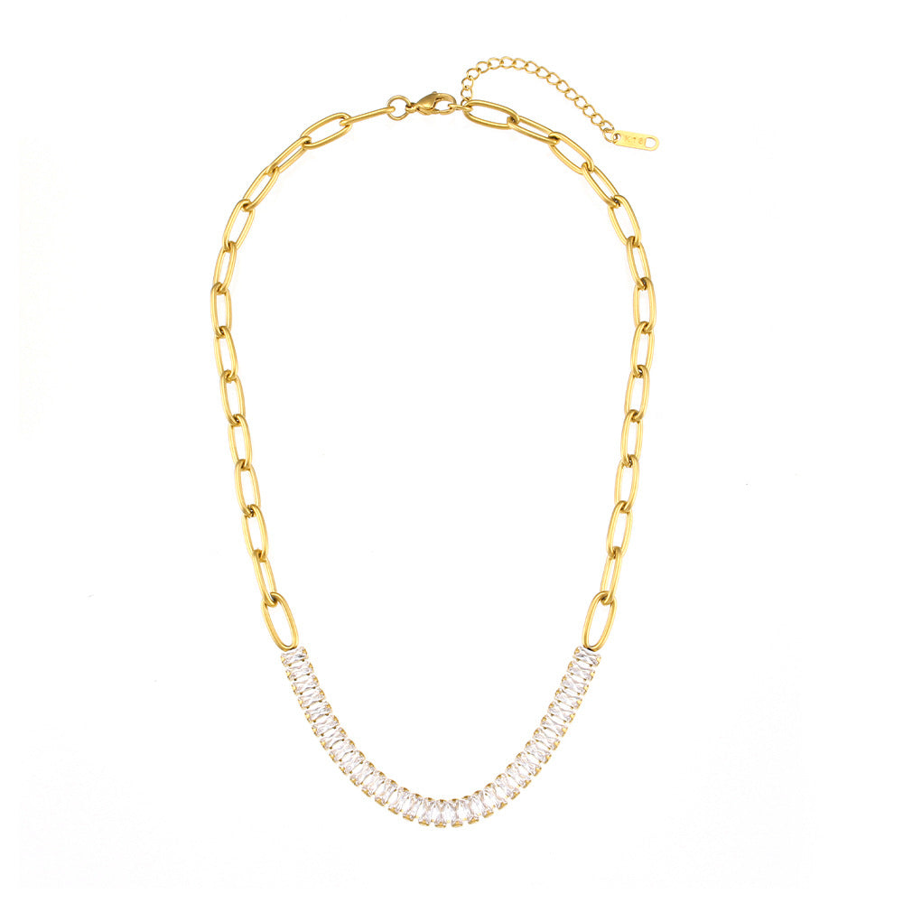 Collana con Pendente Geometrico alla Moda da Donna Acciaio Inossidabile Placcato Oro 18K con Zirconi Micro-Incastonati