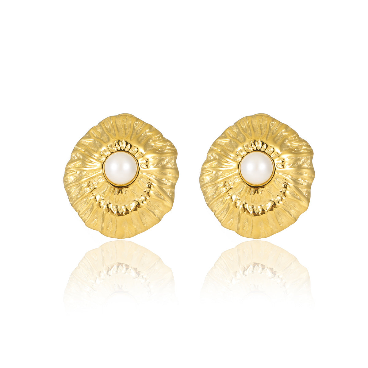 Pendientes minimalistas de acero de titanio con pliegues geométricos y perlas incrustadas para mujer