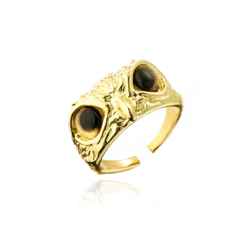 Vintage Bohemian 18K Gold Plated Brass Geometric Owl Ring for Women