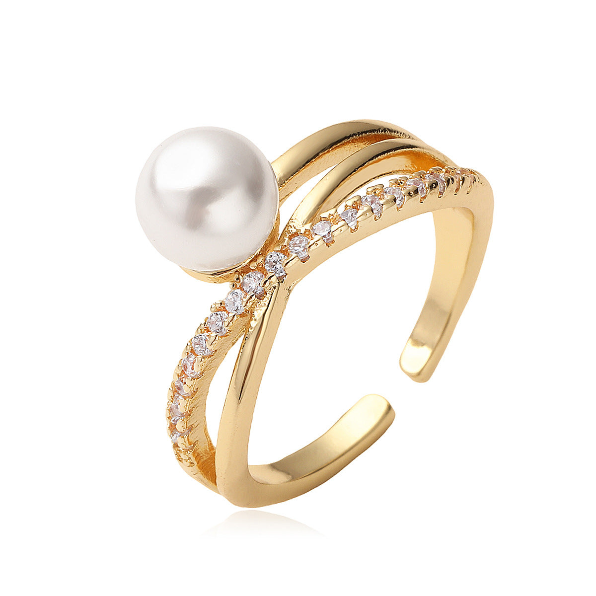 Geometric Open Ring for Women with Copper Base Plated in 18K Gold Featuring Zircon and Pearl Accents Minimalist Fashion Accessory