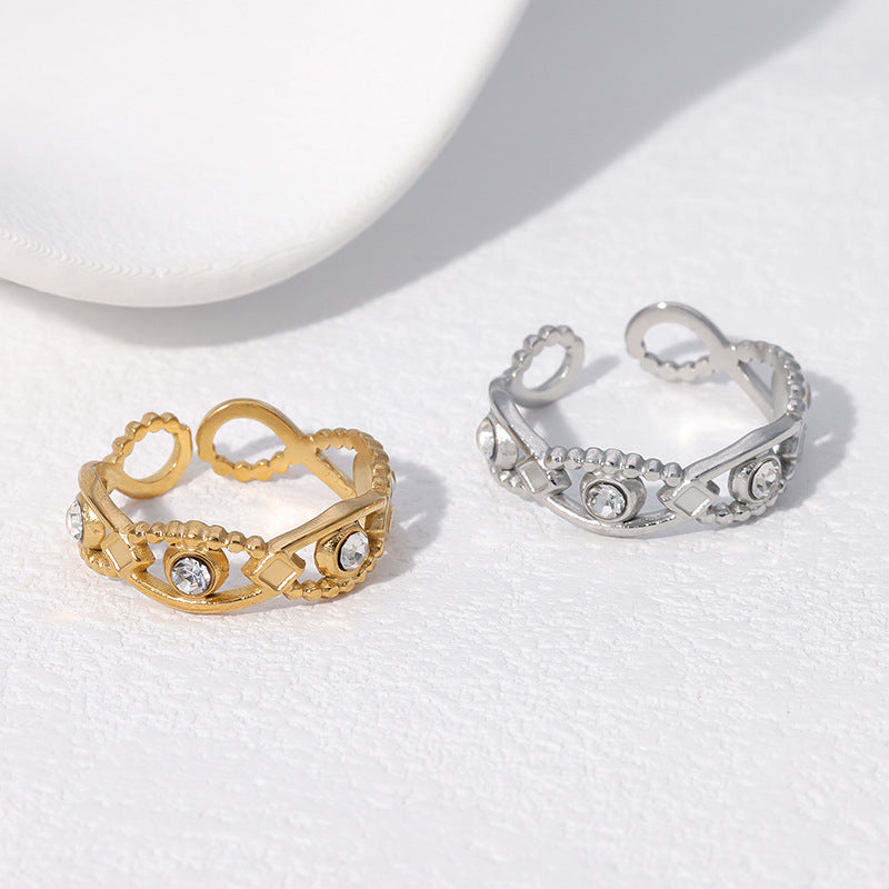 Minimalist Elegant Open-Style Eye-Shaped Rhinestone-Set Gold-Plated Stainless Steel Ring for Women