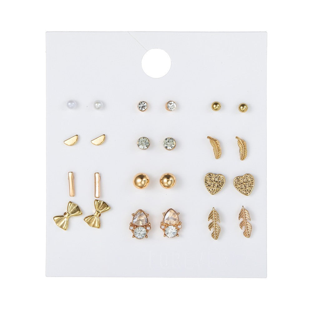 Vintage Sweet Heart Geometric Floral Rhinestone Inlay Alloy Stud Earrings Set