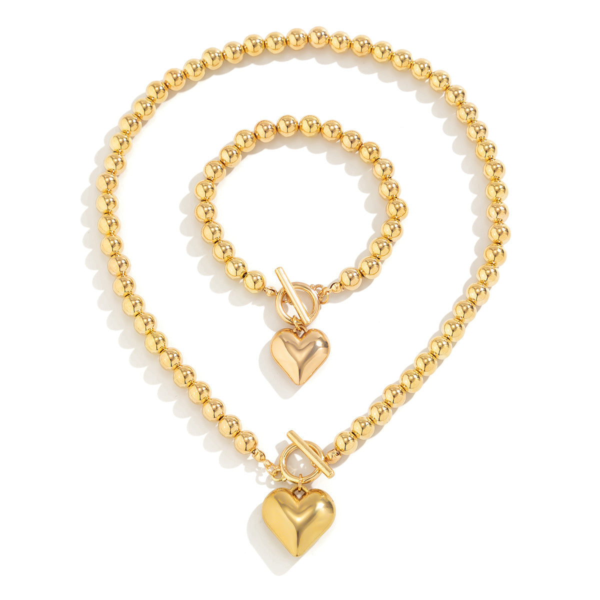 Geometric Heart-Shaped Alloy Pendant Necklace with Imitation Pearl Beads and Plated Finish for Women