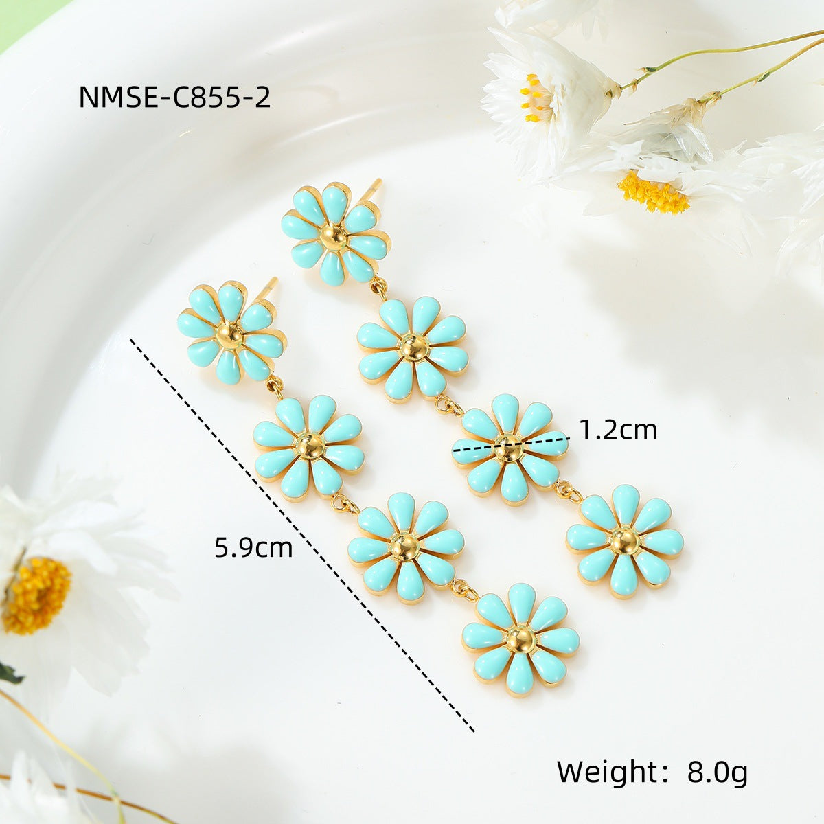 Orecchini Pendenti con Nappa a Margherita da Donna in Acciaio al Titanio con Finitura Smaltata e Placcatura in Oro 18K, Stile Floreale Fresco e Dolce