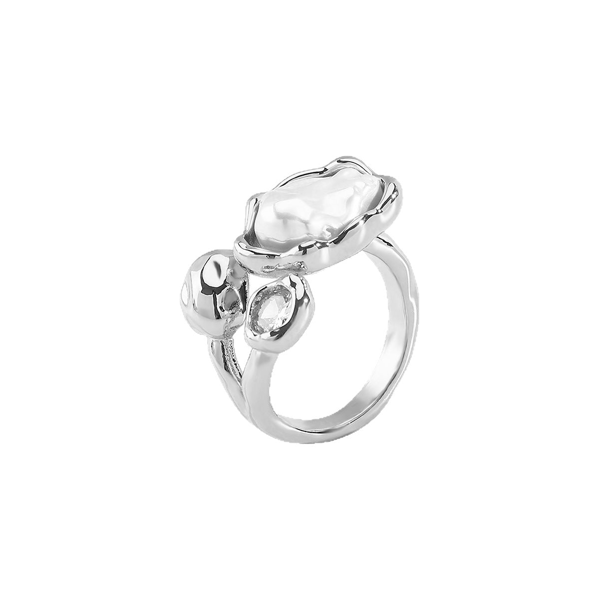 Anello da donna in perle geometriche di ispirazione barocca con base in rame e intarsio in zirconi, fascia elettroplaccata vintage chic