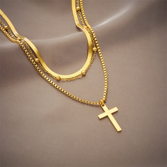 Collana a Ciondolo a Croce a Strati Multipli Minimalista in Acciaio al Titanio Placcato per Donne