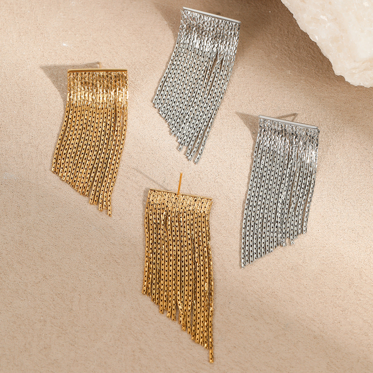 Geometric Tassel Chain Earrings in Stainless Steel with Plating Finish for Women