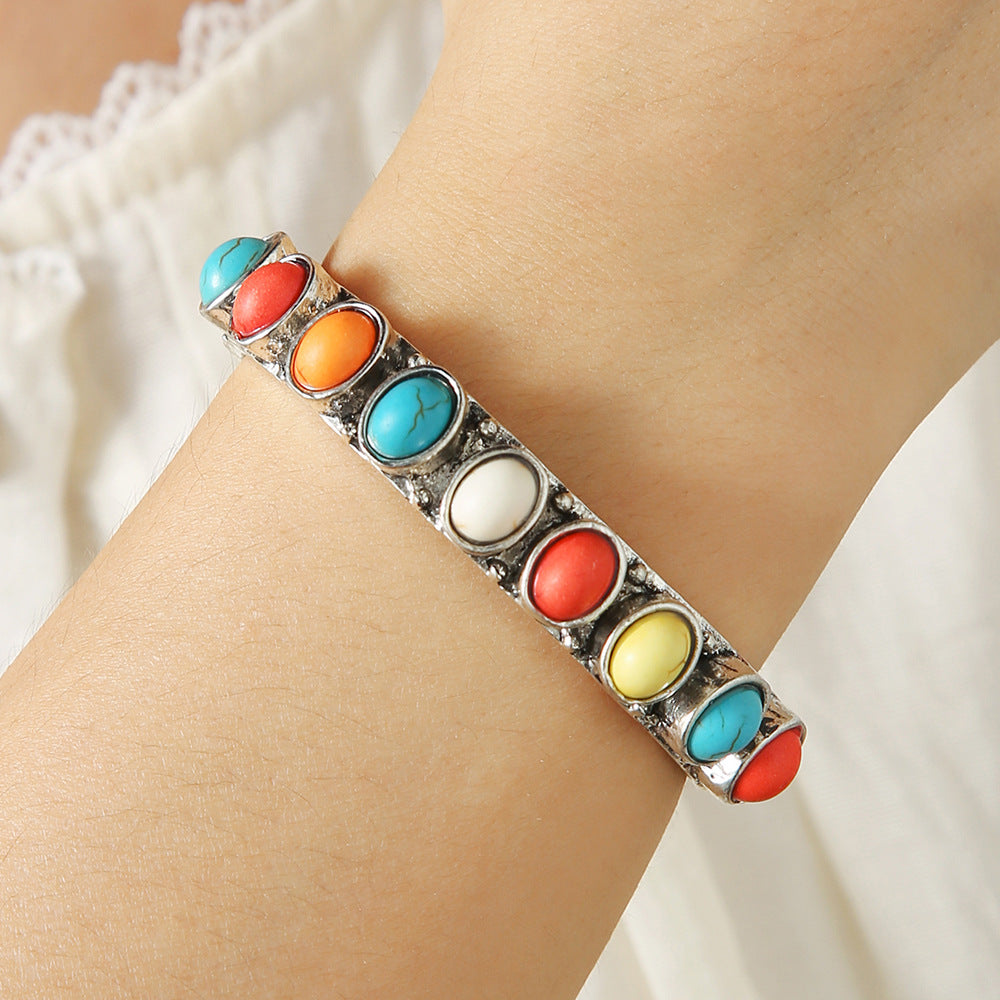 Bohemian Vintage Ethnic Round Geometric Alloy Plated Turquoise Inlay Open Cuff Bracelet for Women