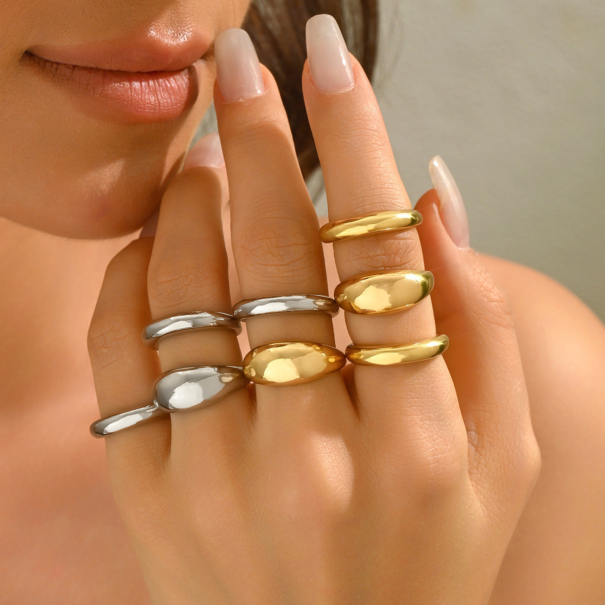 Minimalist Geometric Round Ring Set for Women in Zinc Alloy with Plated Finish Adjustable Open Band