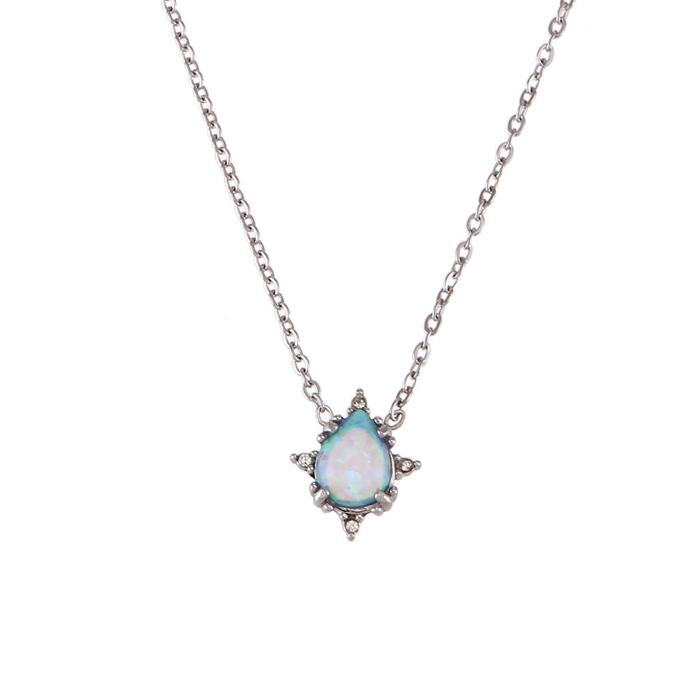 Fashionable Vintage Stainless Steel Water-Drop Shaped Australian Opal Pendant Necklace for Women with Electroplating Finish