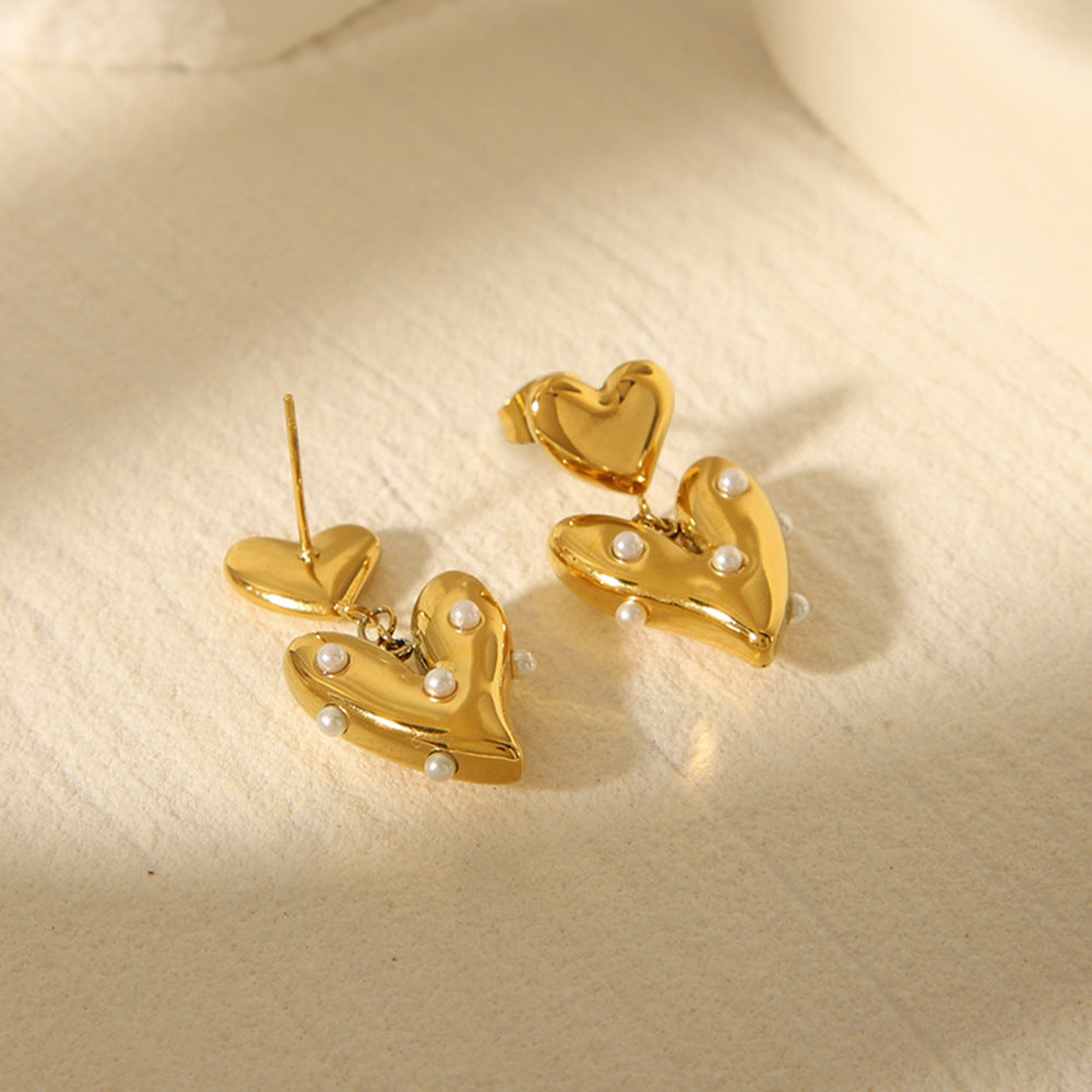 Fashion 18K Gold Plated Stainless Steel Heart Pearl Stud Earrings for Women
