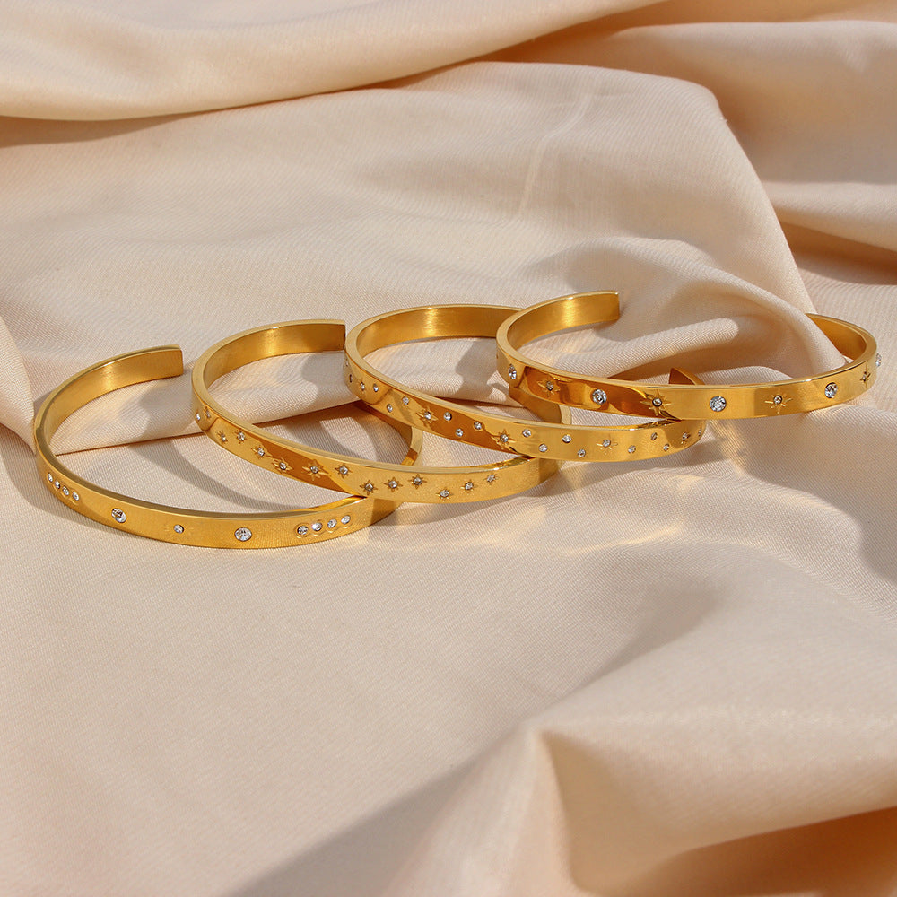 Bracciale minimalista da donna in acciaio al titanio con forma a ottagramma e intarsio in zircone rotondo, polsino in acciaio inossidabile elettroplaccato