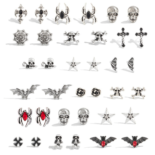 Vintage Alloy Plated Animal Shape Crystal Tassel Earrings Set with Bat and Rose Design for Women