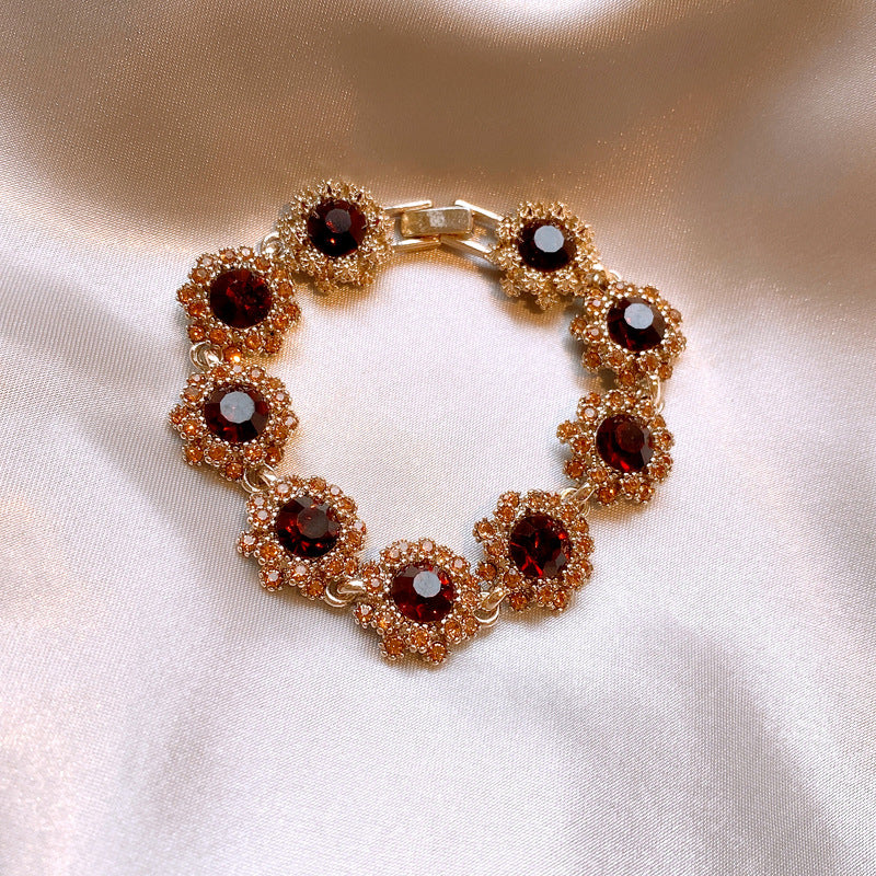 Vintage Floral Flower Earrings Bracelet Necklace Set for Women Alloy Jewelry with Rhinestone Inlay Locket Chain Minimalist Elegant Luxury Style