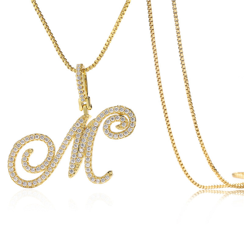 Minimalist Geometric Letter Pendant Necklace in Brass with Micro-Pavé Setting on Box Chain