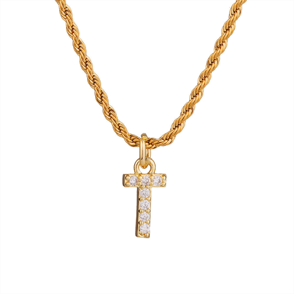Collar con colgante de letra para mujer, minimalista, de moda, cadena trenzada de acero inoxidable con baño de oro e incrustaciones de circonita