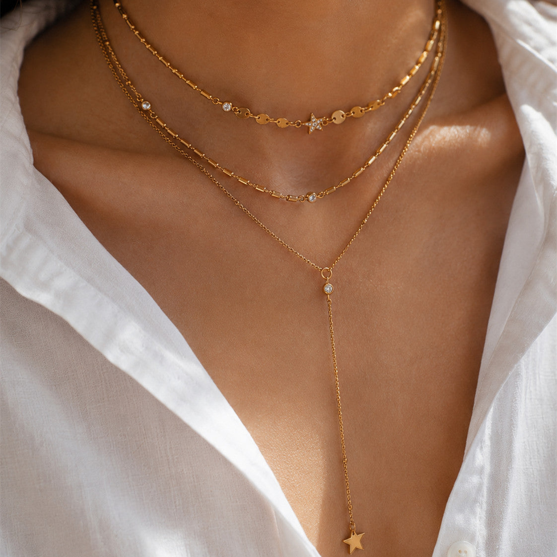 Luxury Star Pendant Stainless Steel Necklace with Rhinestone Inlay and Tassel Layered Design for Women