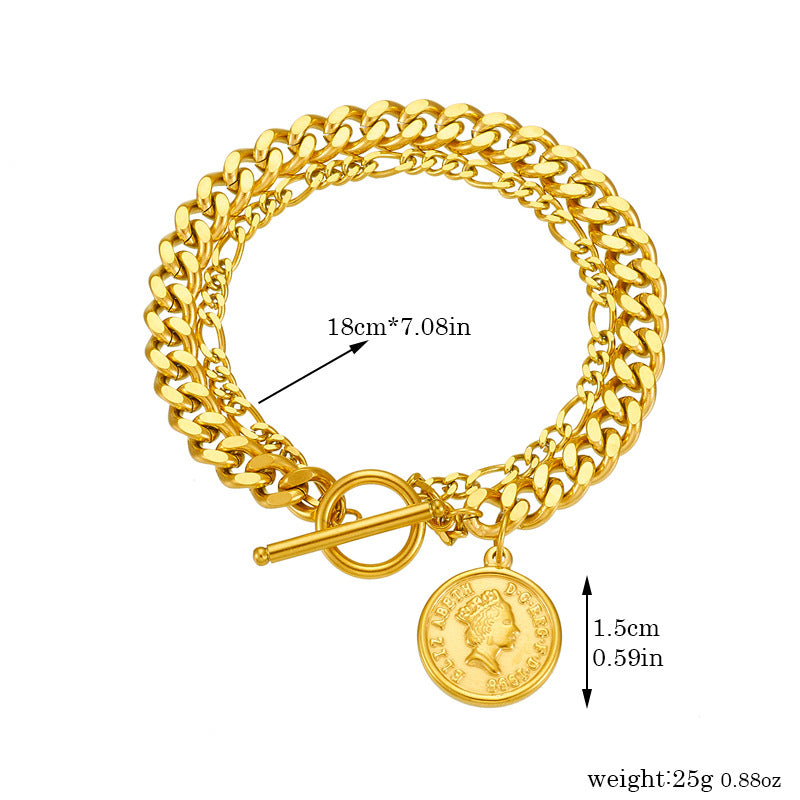 Pulsera con colgante redondo de retrato bañada en oro de acero inoxidable estilo vintage con cierre OT