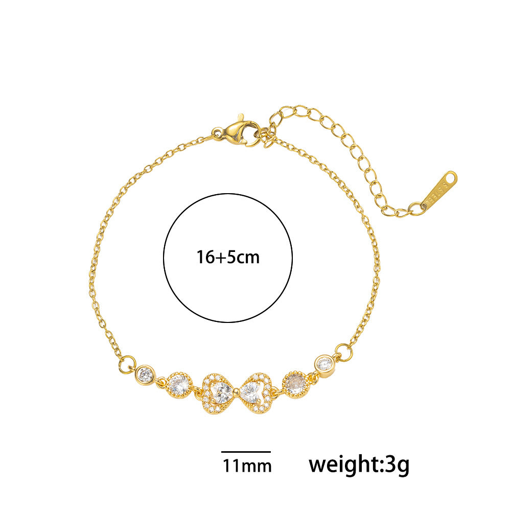 Elegant Butterfly Knot Shaped Titanium Steel Bracelet with Rhinestone Inlay and Gold Plating for Women