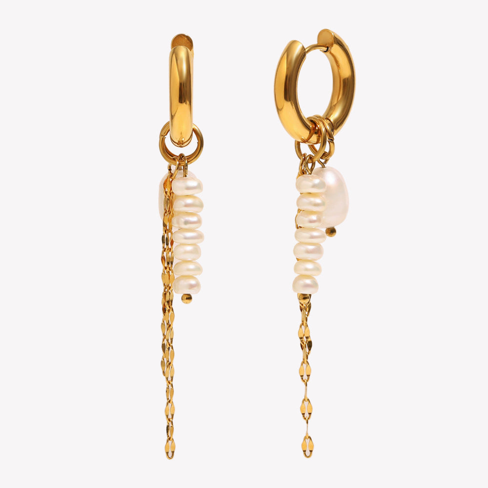 Minimalist Geometric Stainless Steel Earrings with 18K Gold Plating, Pearl-Embellished Chain Tassel Design for Women