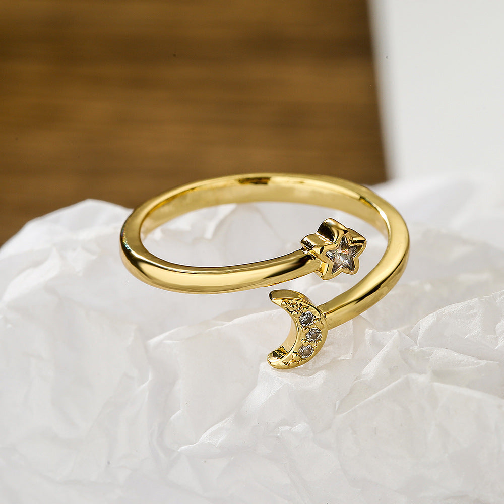 Anello geometrico minimalista in rame con placcatura in oro 18 carati e intarsio in zircone, fascia aperta regolabile da donna